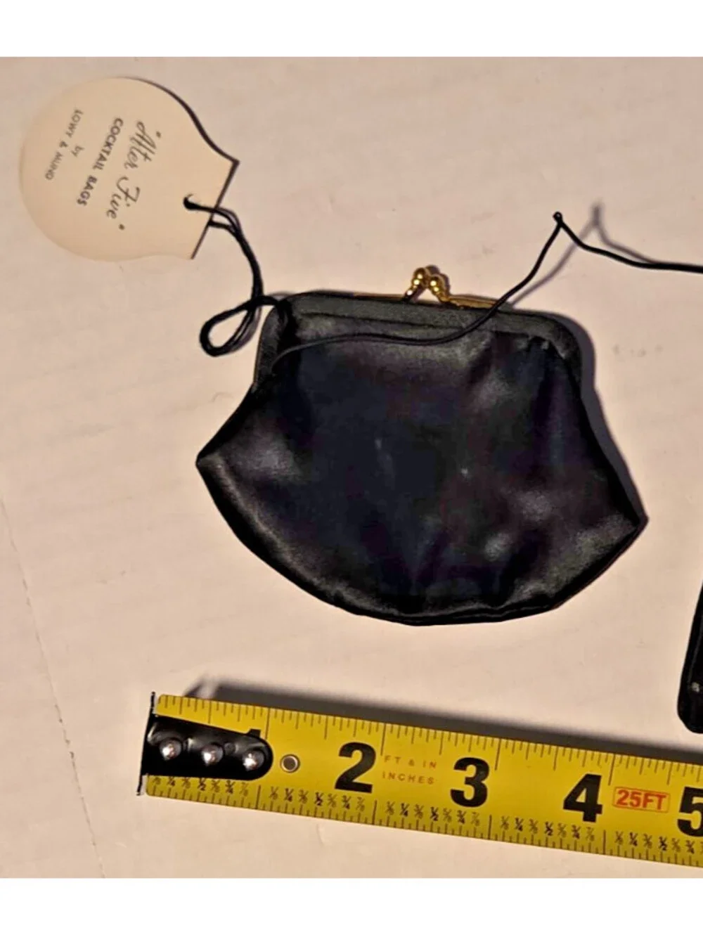 Vintage After Five Lowy & Mund Black Satin 50s/60s Clutch Coin Purse Tag Attach